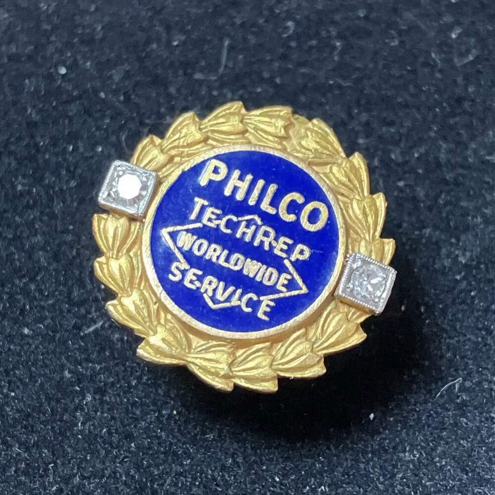 Vintage 10K Yellow Gold Two Diamond Philco Tech Rep Employee Lapel Button Pin